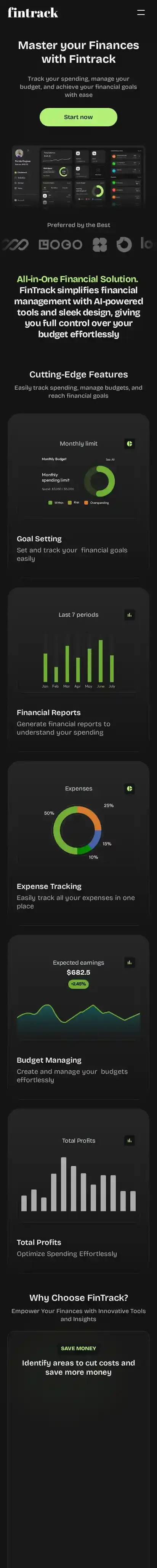 FinTrack home page on mobile