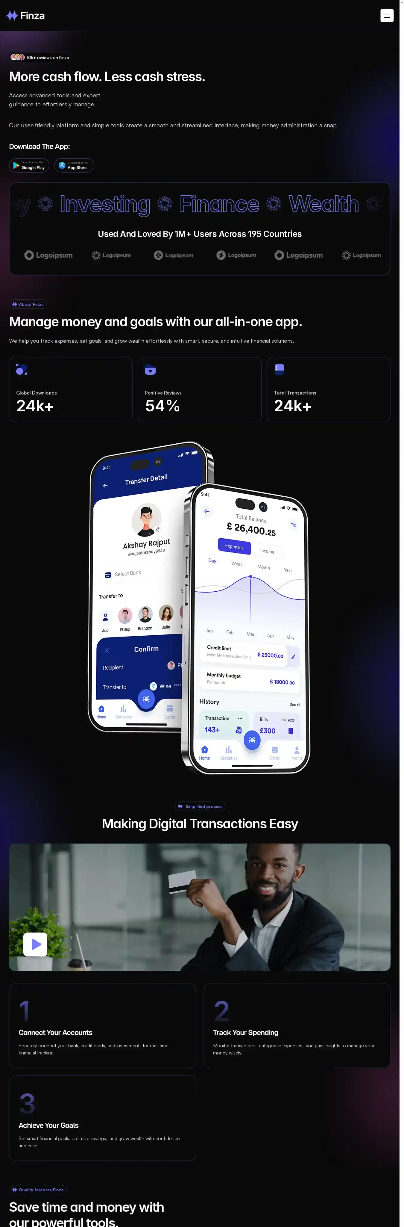 Finza home page on desktop