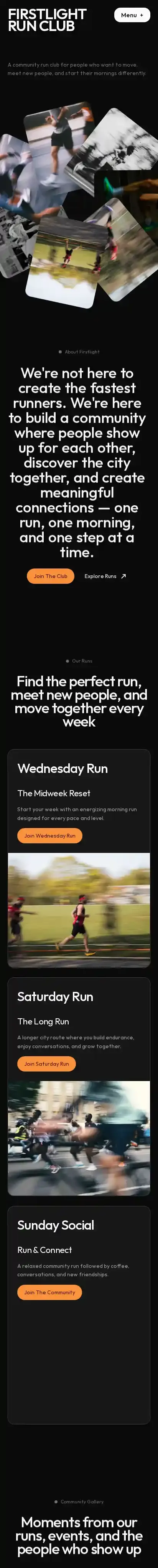 Firstlight Run Club home page on mobile