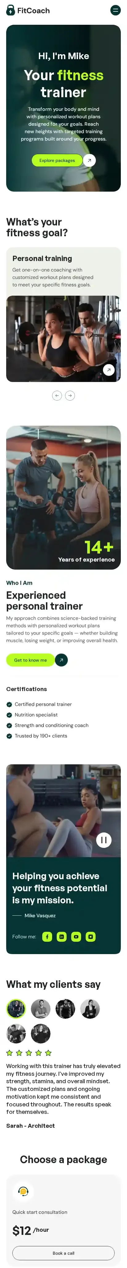 FitCoach home page on mobile