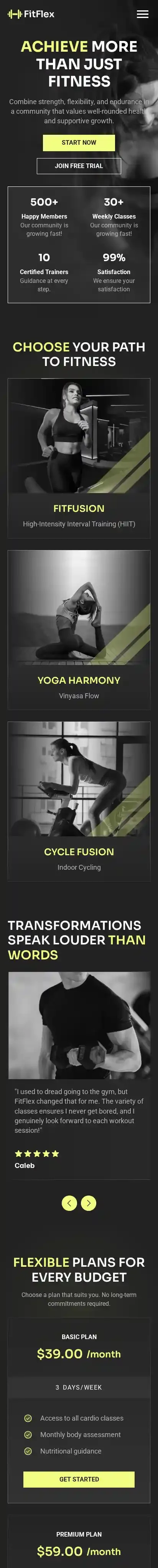Fitflex home page on mobile