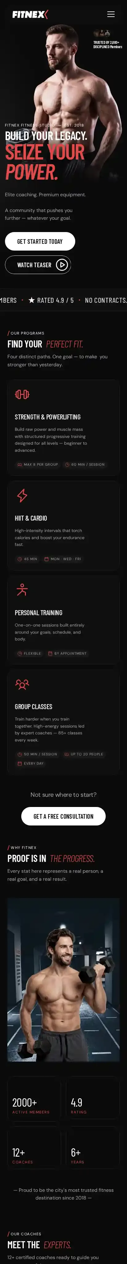 Fitnex Gym home page on mobile