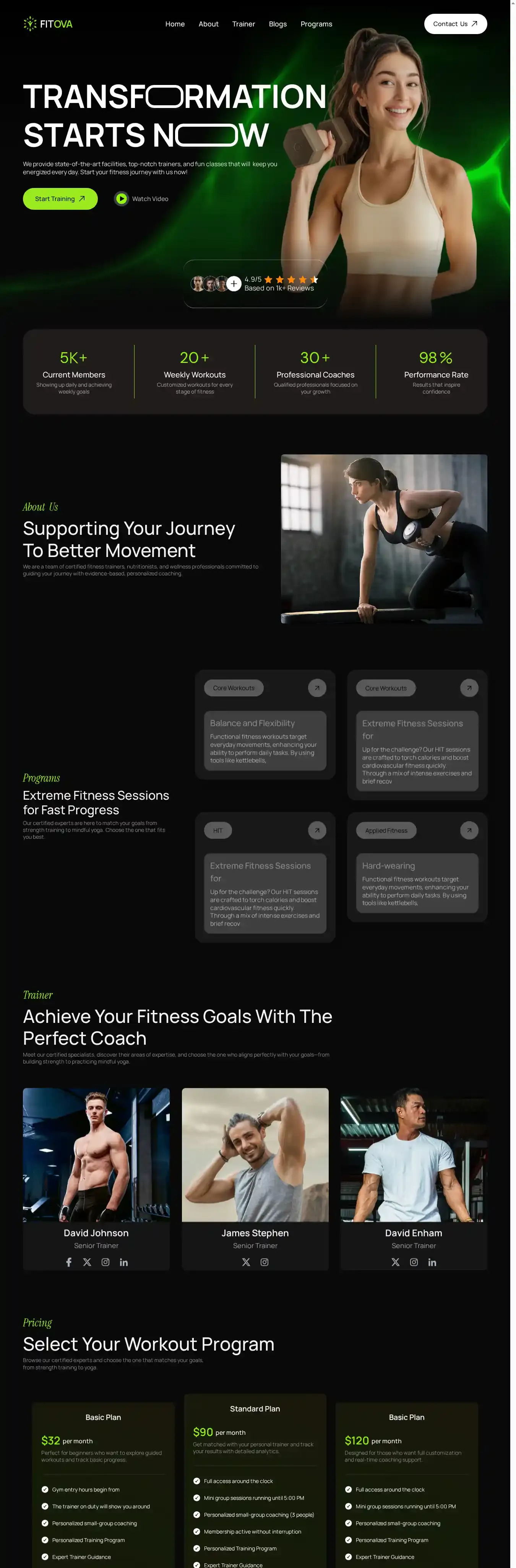 Fitova Fitness home page on desktop