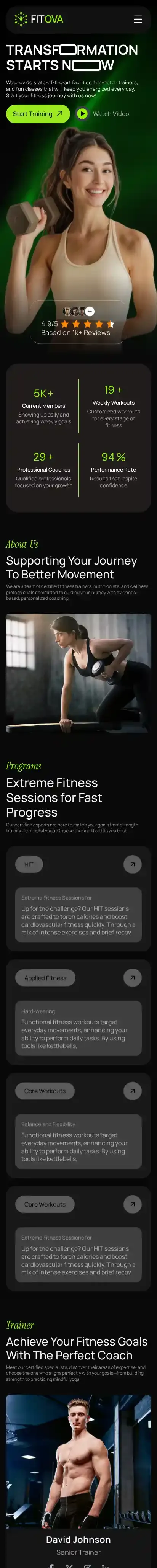 Fitova Fitness home page on mobile