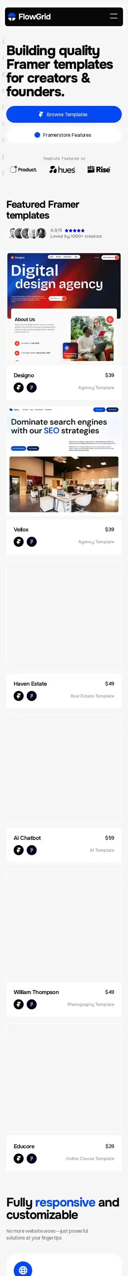 Flowgrid home page on mobile
