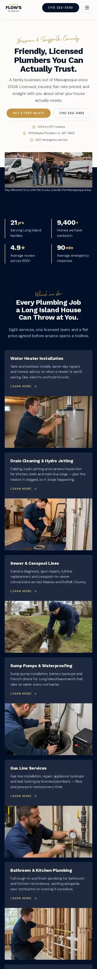Flows Plumbing home page on mobile