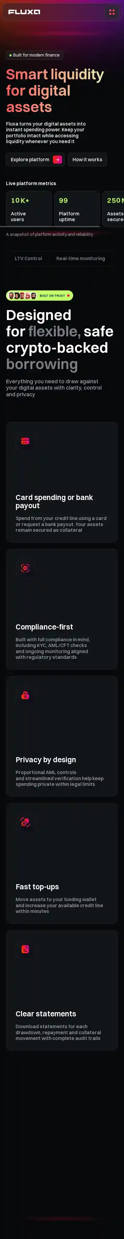 Fluxa home page on mobile