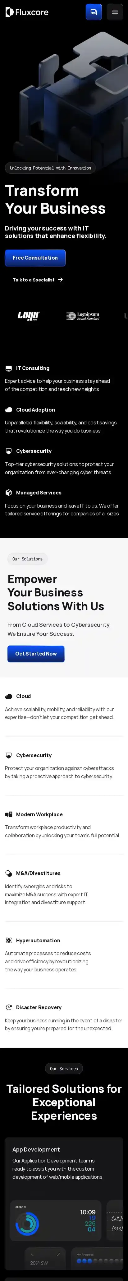 FluxCore home page on mobile