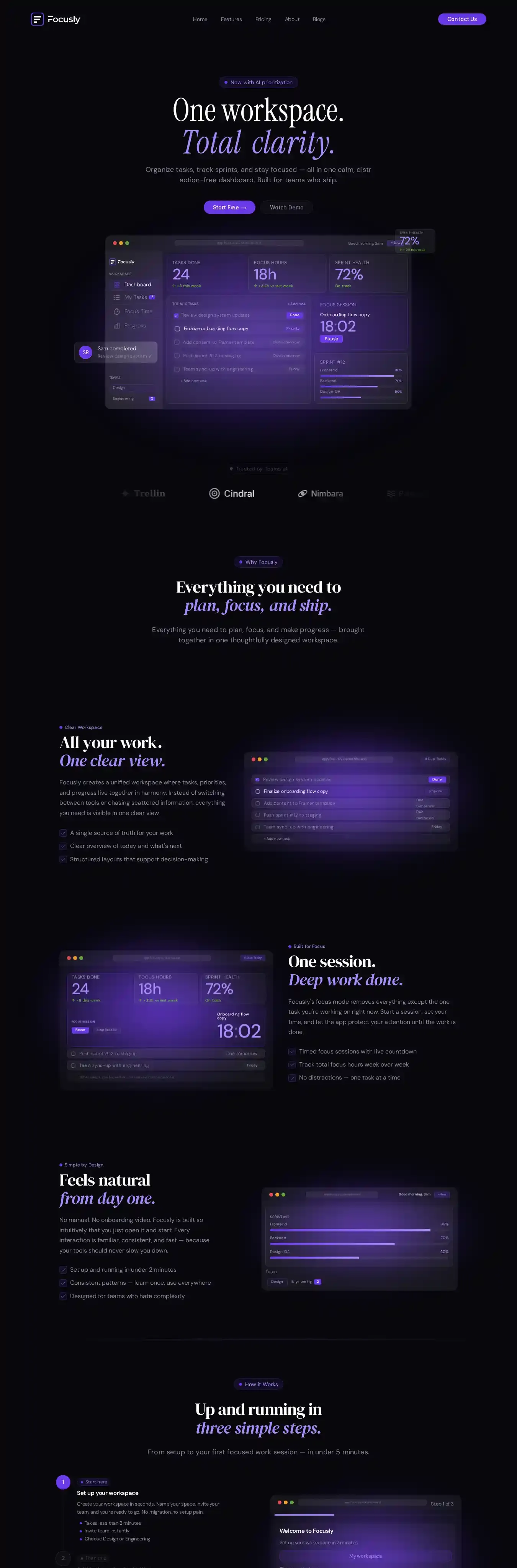 Focusly home page on desktop