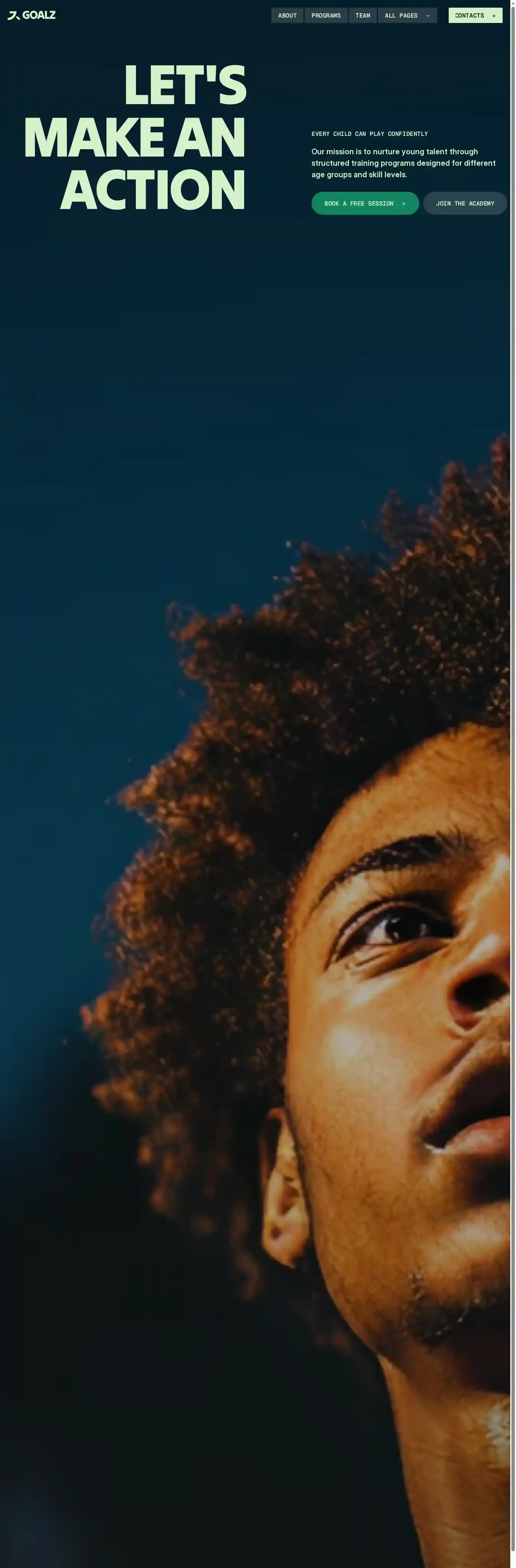 Football Academy home page on desktop