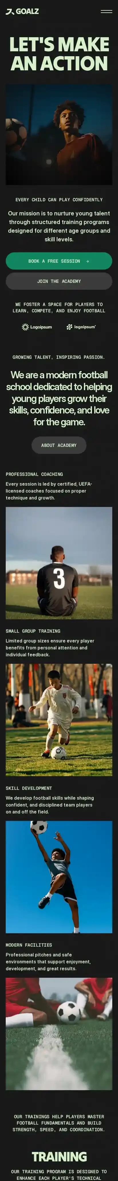 Football Academy home page on mobile