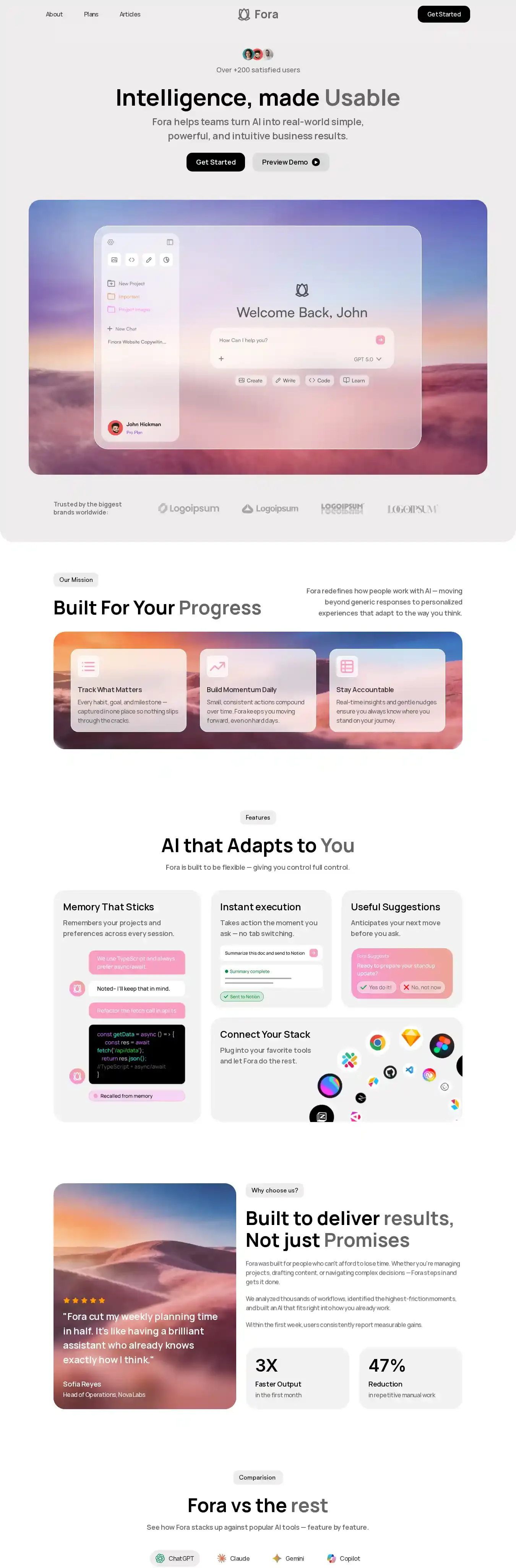 Fora home page on desktop