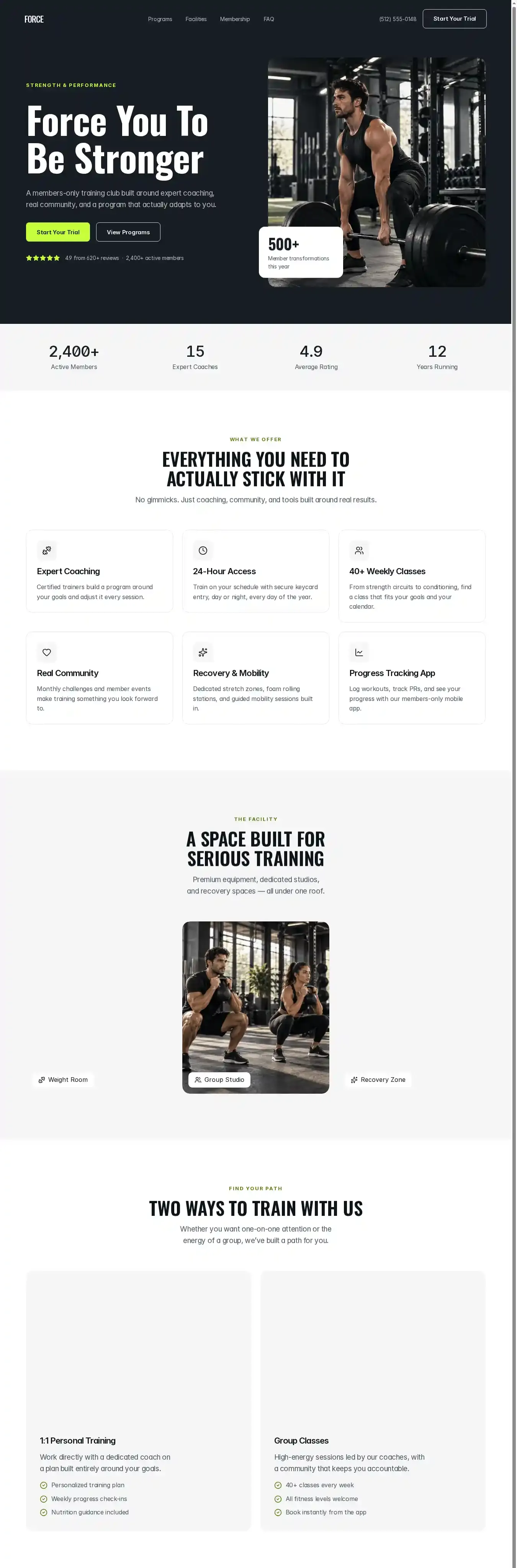 FORCE Athletic Club home page on desktop