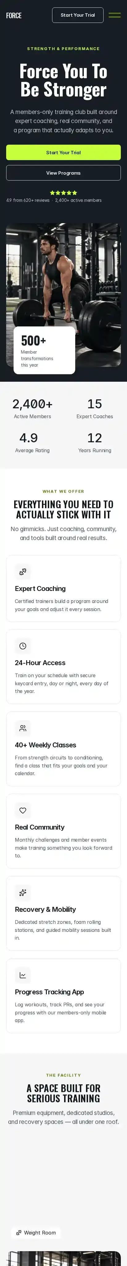 FORCE Athletic Club home page on mobile