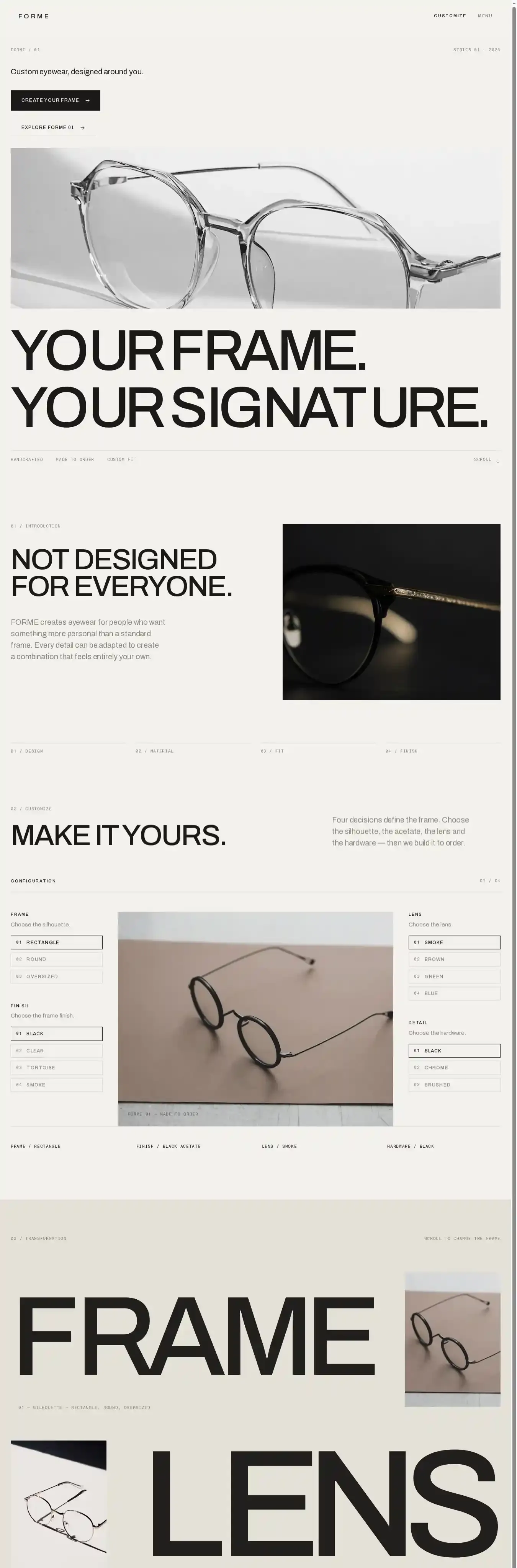 Forme Glasses home page on desktop