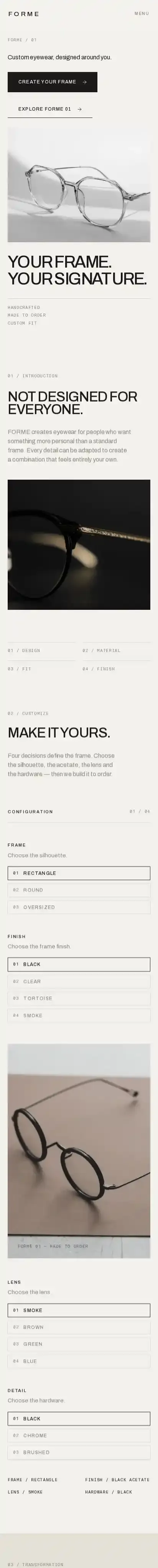 Forme Glasses home page on mobile