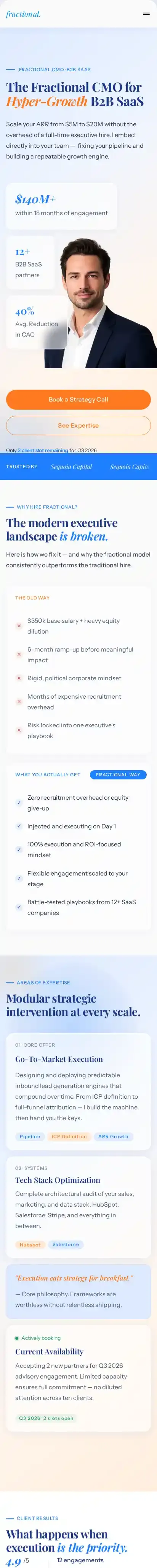 Fractional CMO Pro home page on mobile