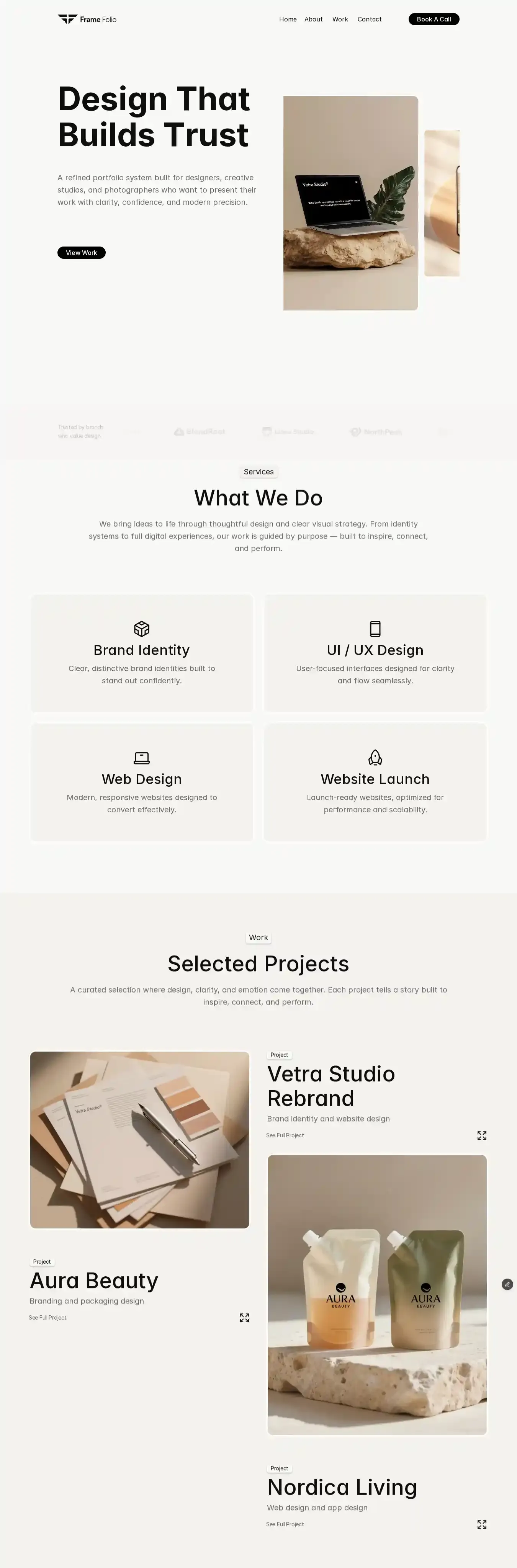 Frame Folio home page on desktop