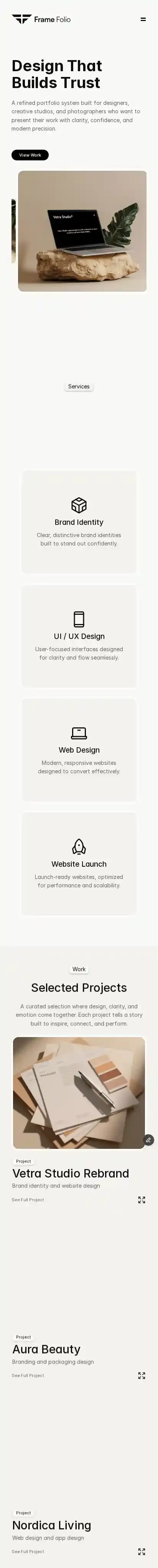 Frame Folio home page on mobile