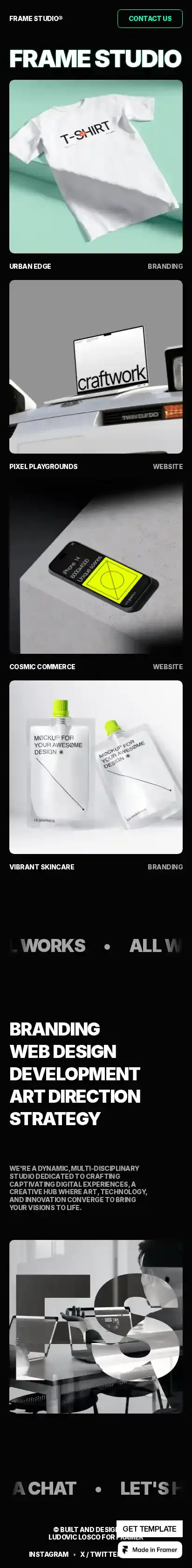 FRAME STUDIO home page on mobile