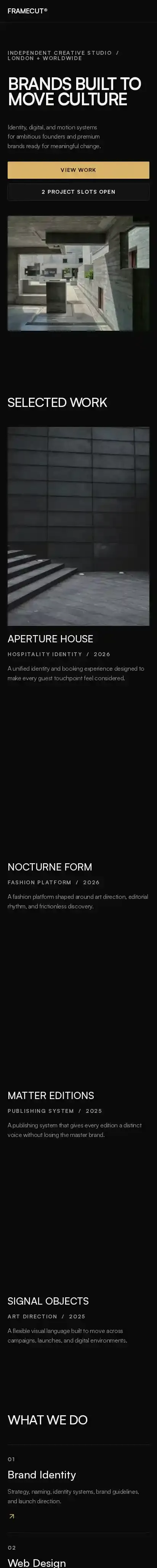 FRAMECUT home page on mobile