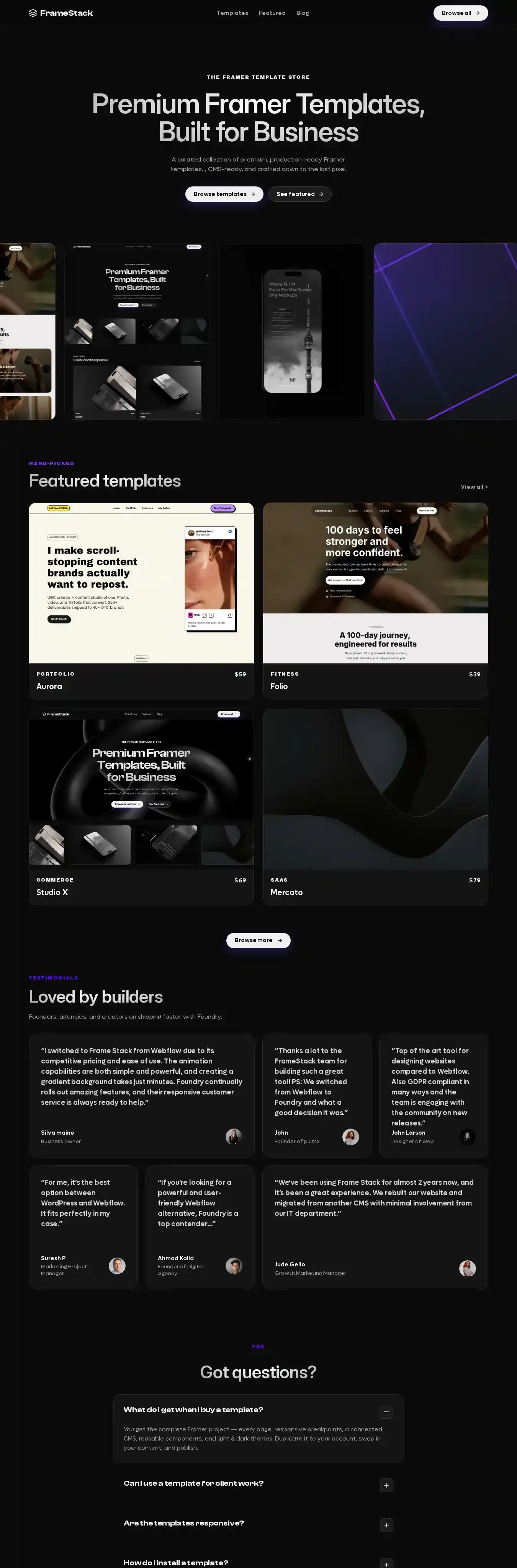 Framestack home page on desktop