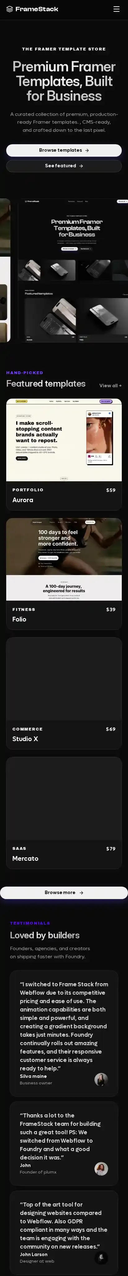 Framestack home page on mobile