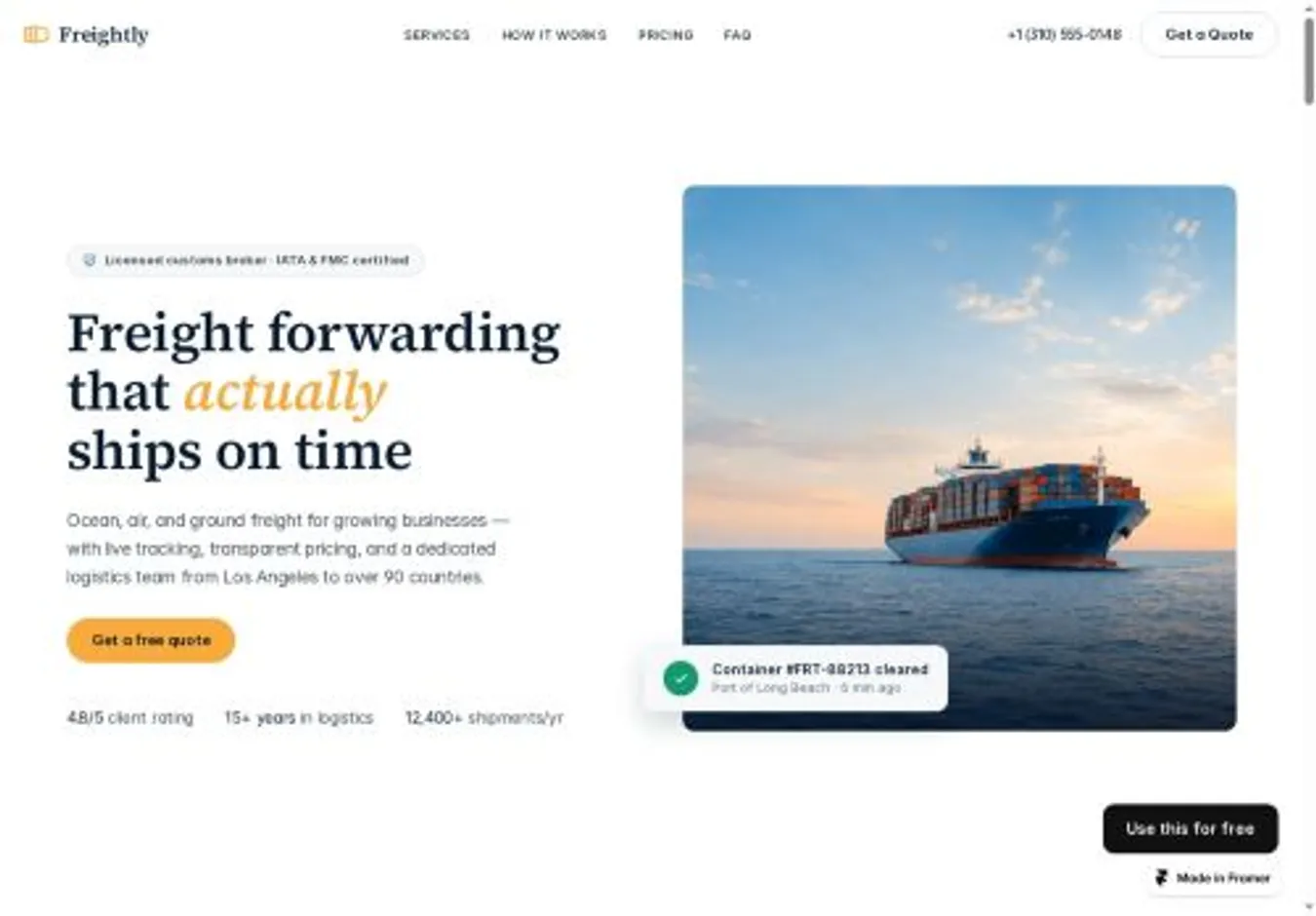 Freightly home page on desktop