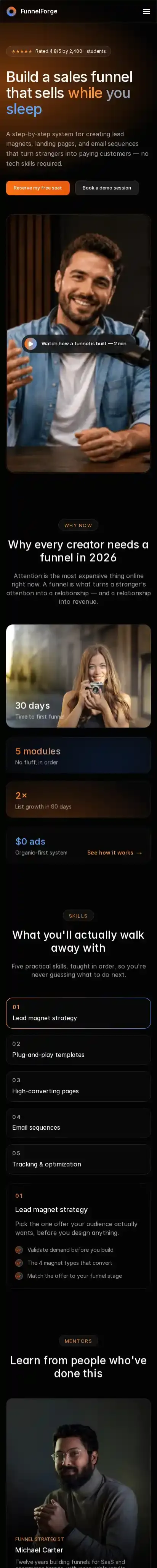 FunnelForge home page on mobile