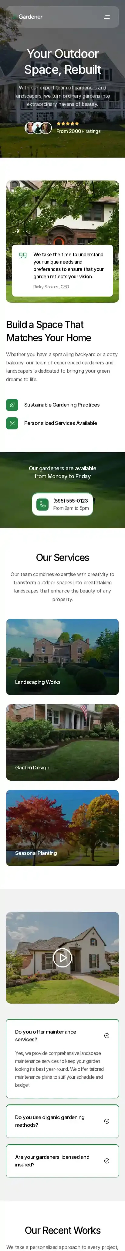 Gardener home page on mobile