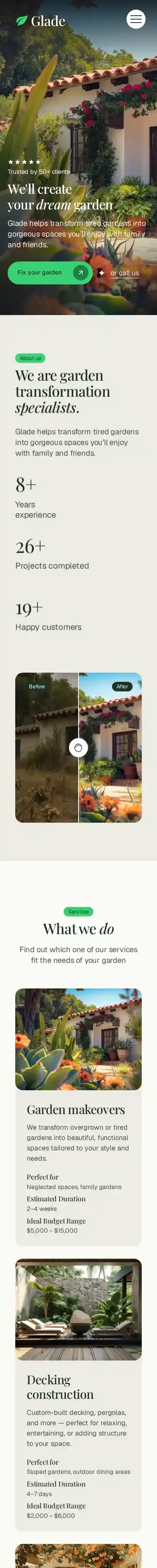 Glade home page on mobile