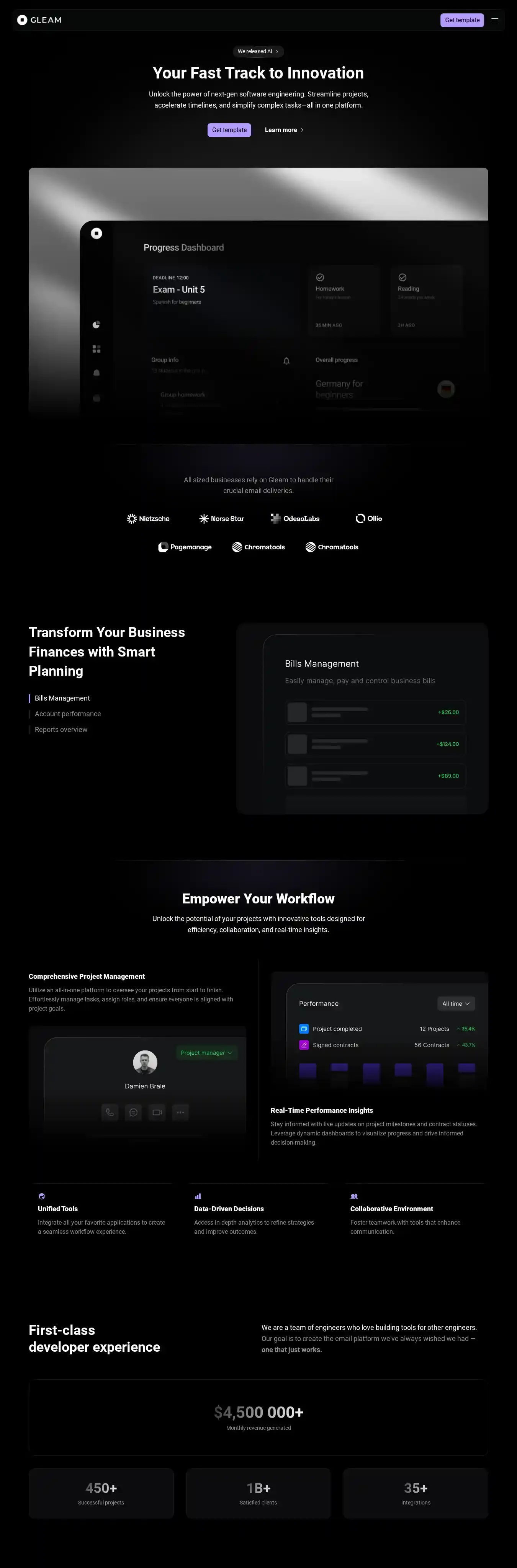 Gleam home page on desktop