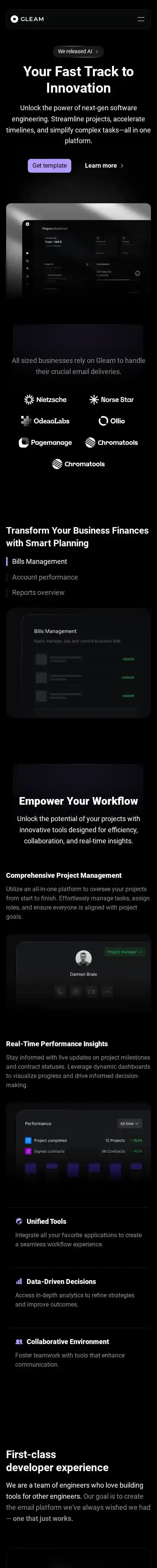 Gleam home page on mobile