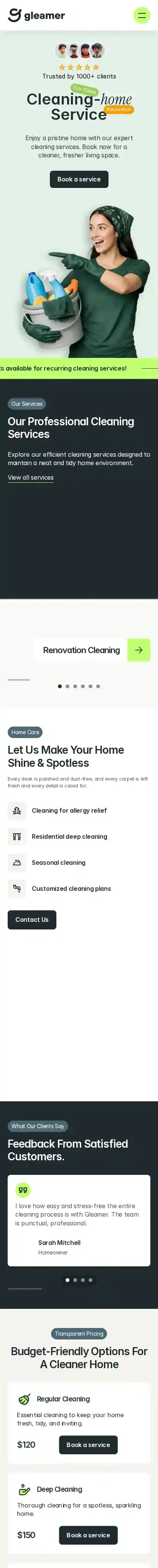 Gleamer home page on mobile