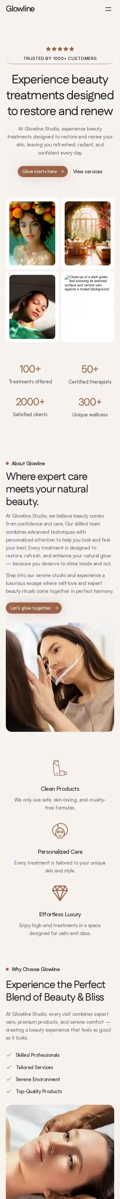 Glowline home page on mobile