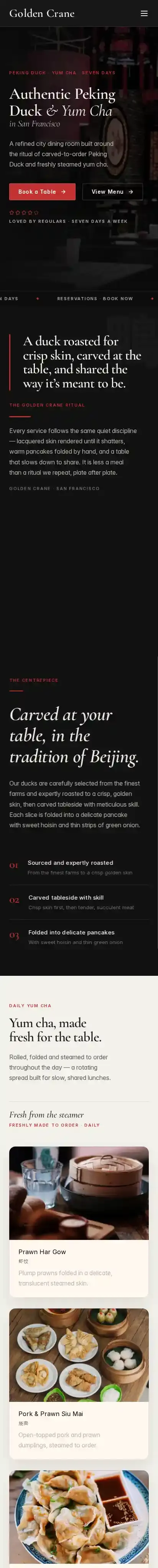Golden Crane home page on mobile
