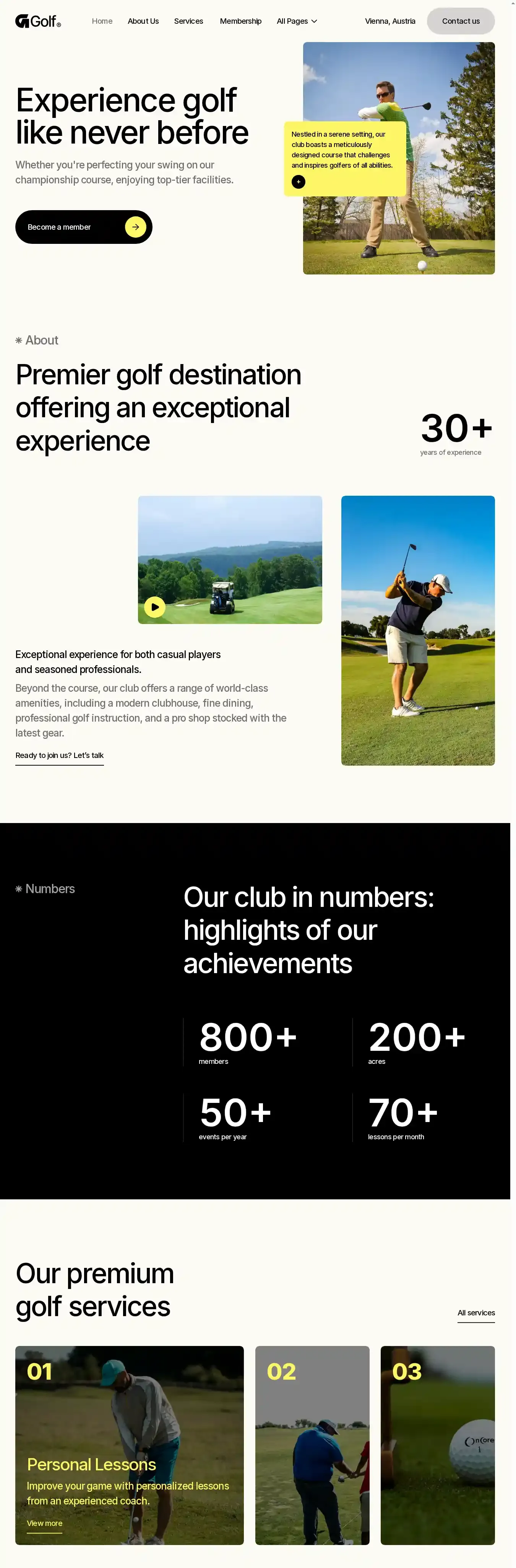 Golf Club home page on desktop