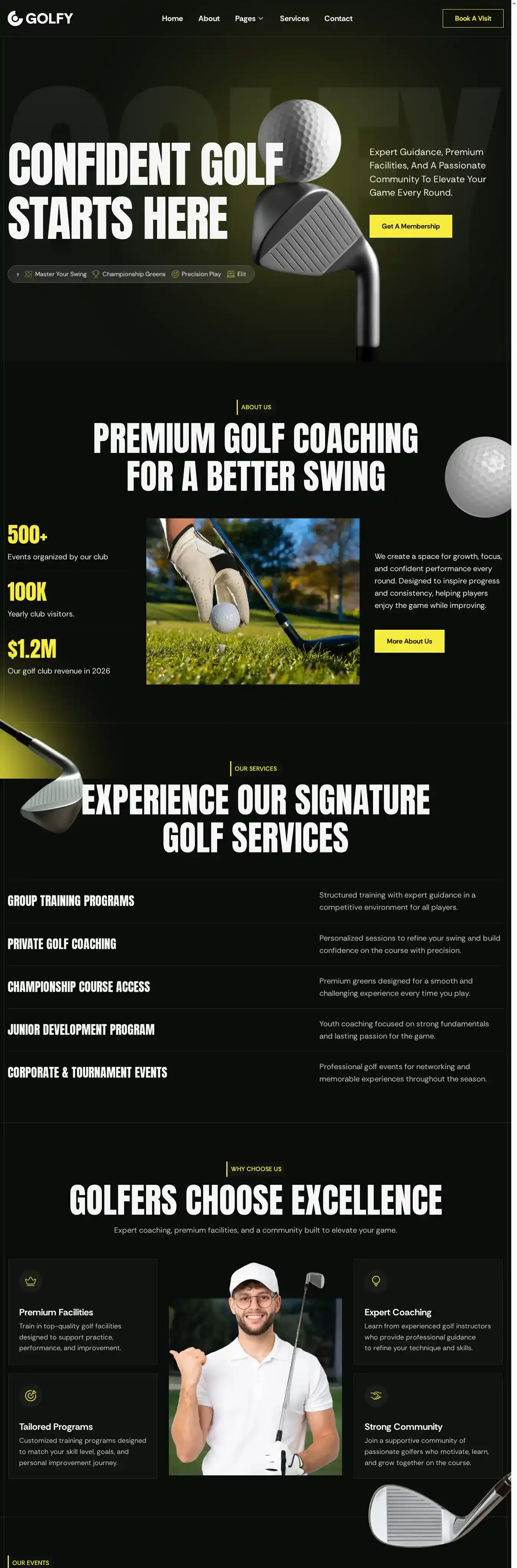 Golfy home page on desktop