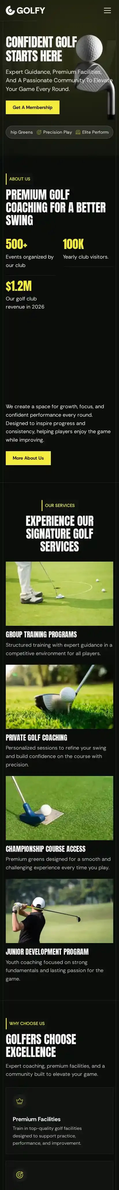 Golfy home page on mobile