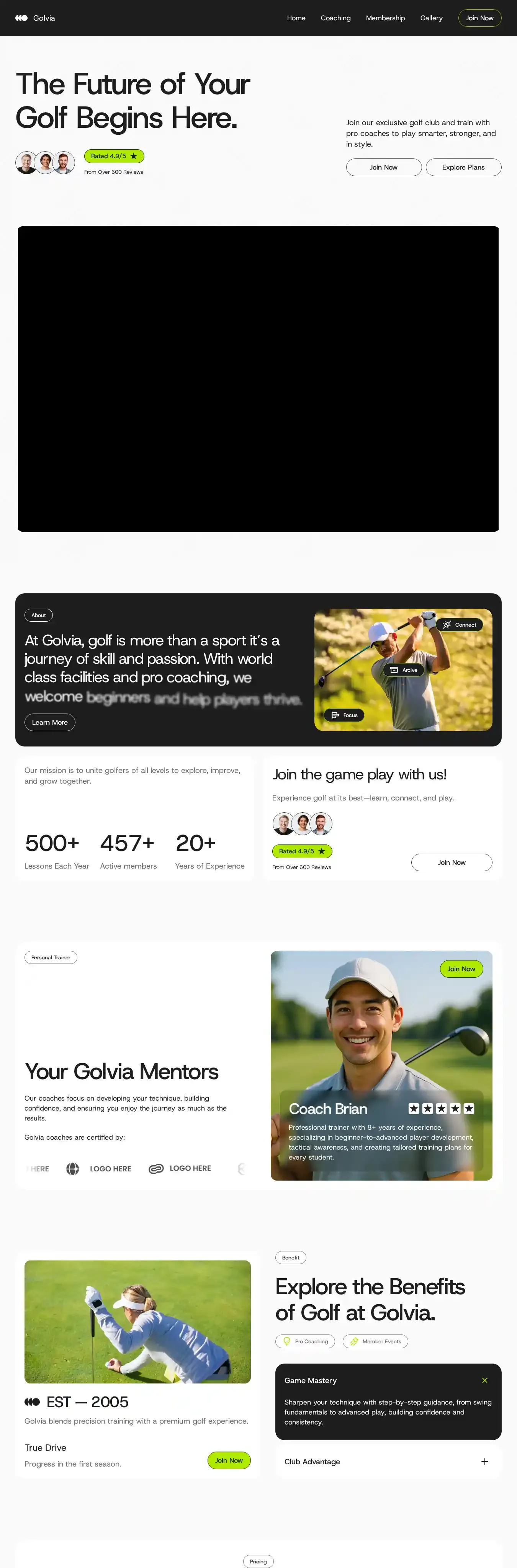 Golvia home page on desktop