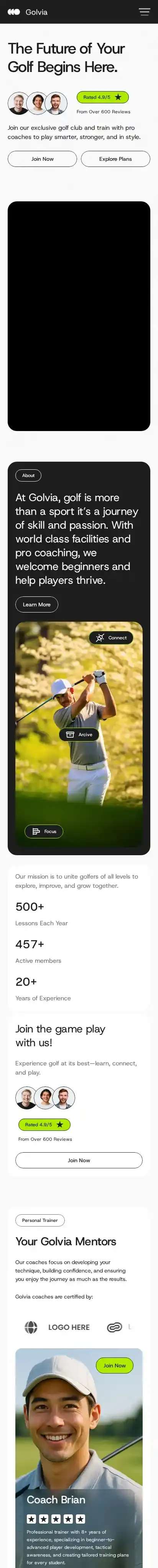 Golvia home page on mobile