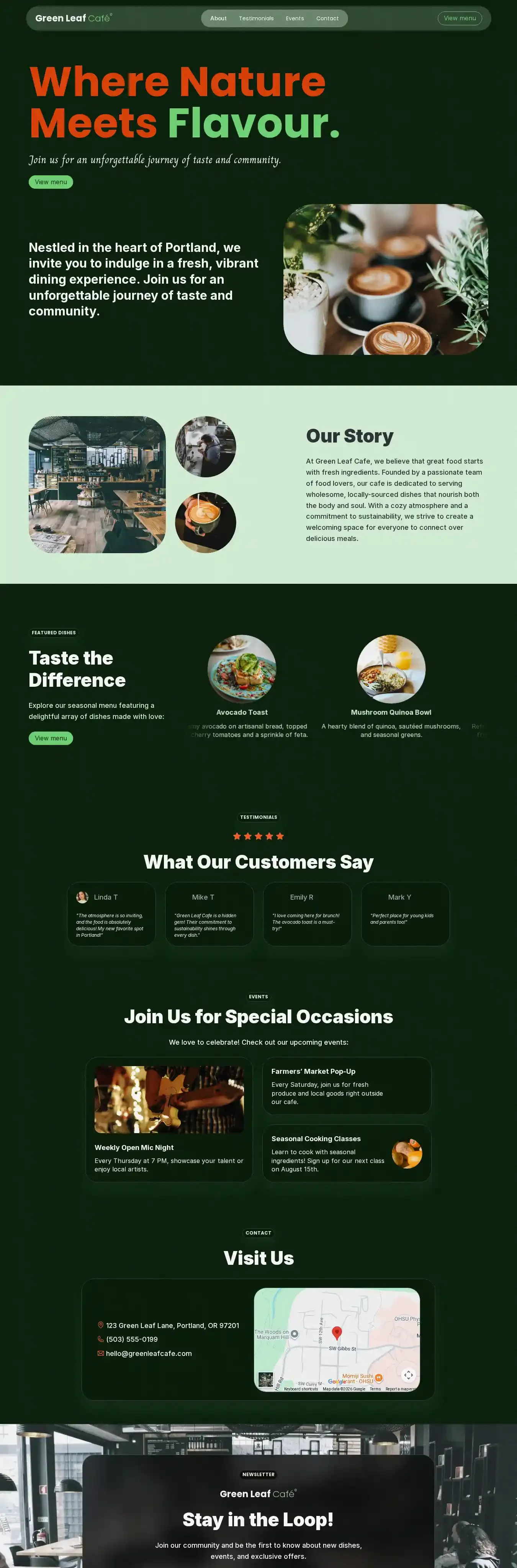 Green Leaf Café home page on desktop