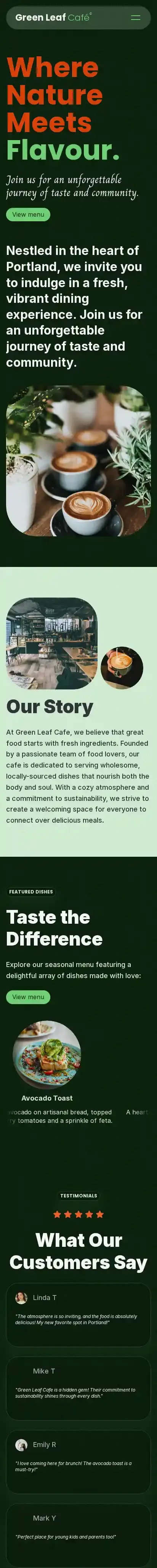 Green Leaf Café home page on mobile