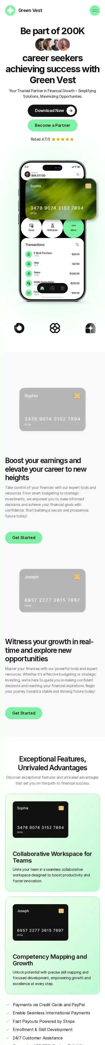 Greenvest home page on mobile