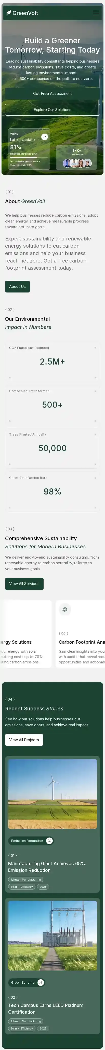 GreenVolt Green home page on mobile