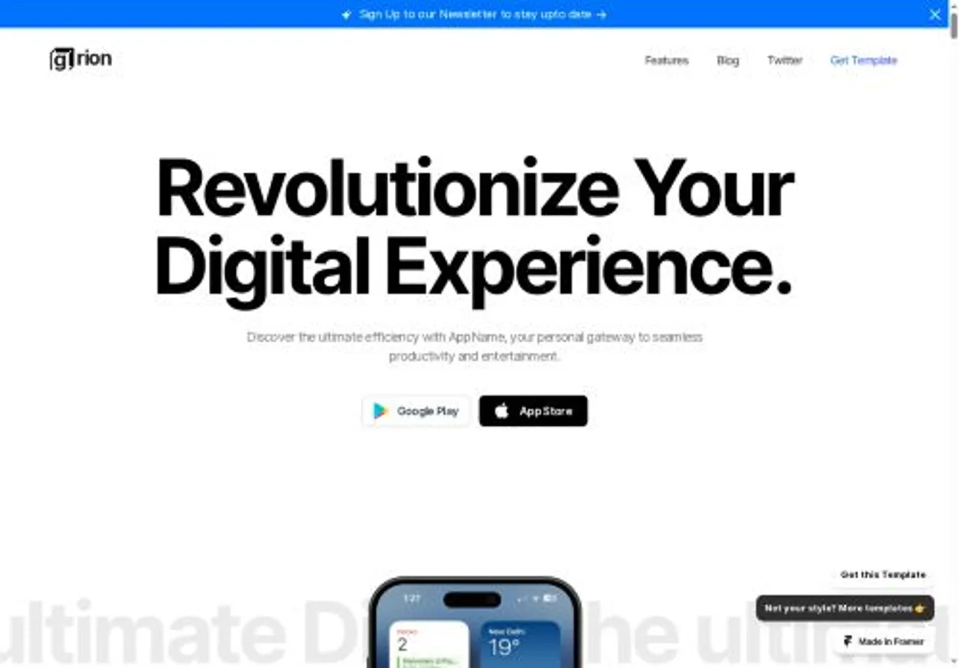 Grion home page on desktop