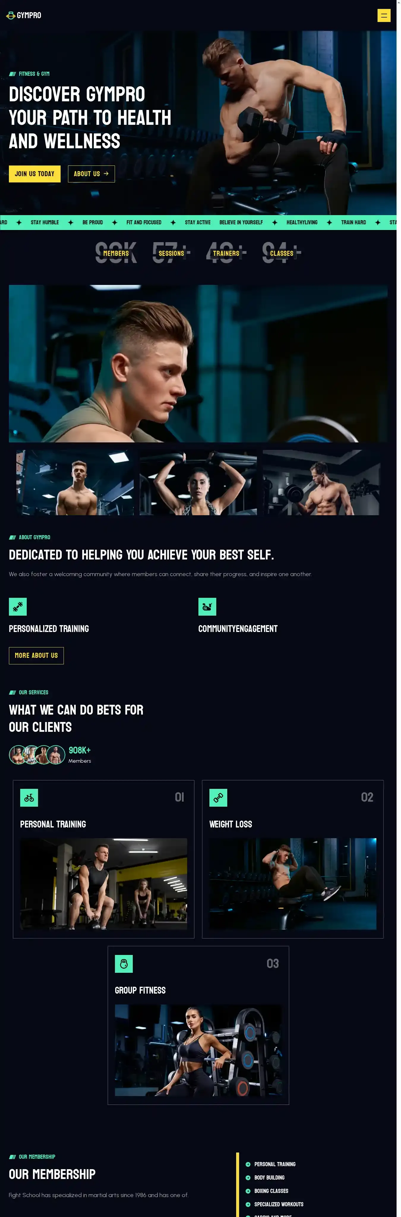 GymPro home page on desktop
