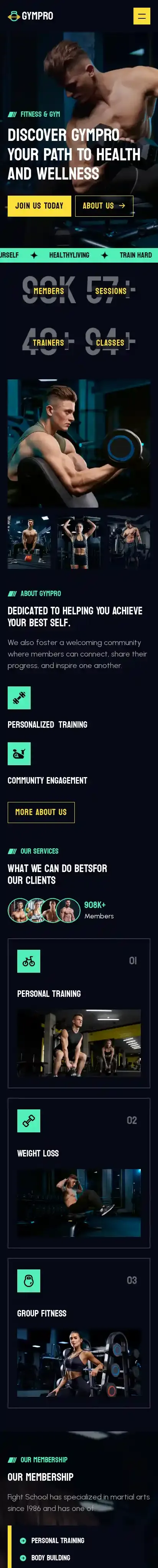 GymPro home page on mobile
