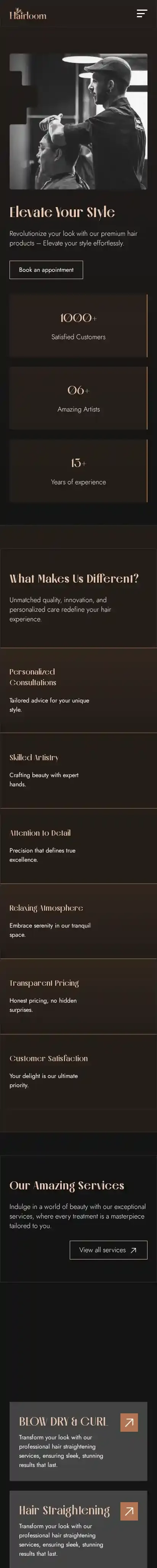HairLoom home page on mobile