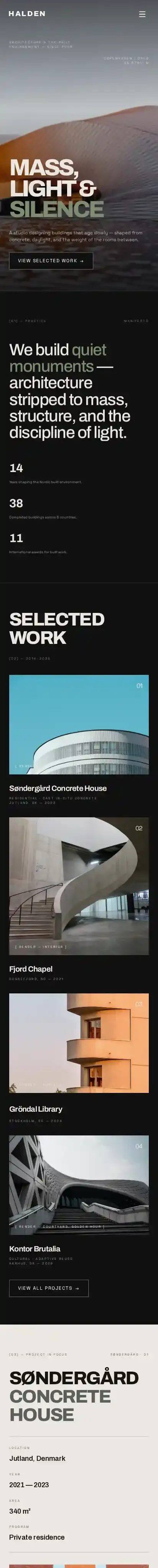 Halden Architect home page on mobile